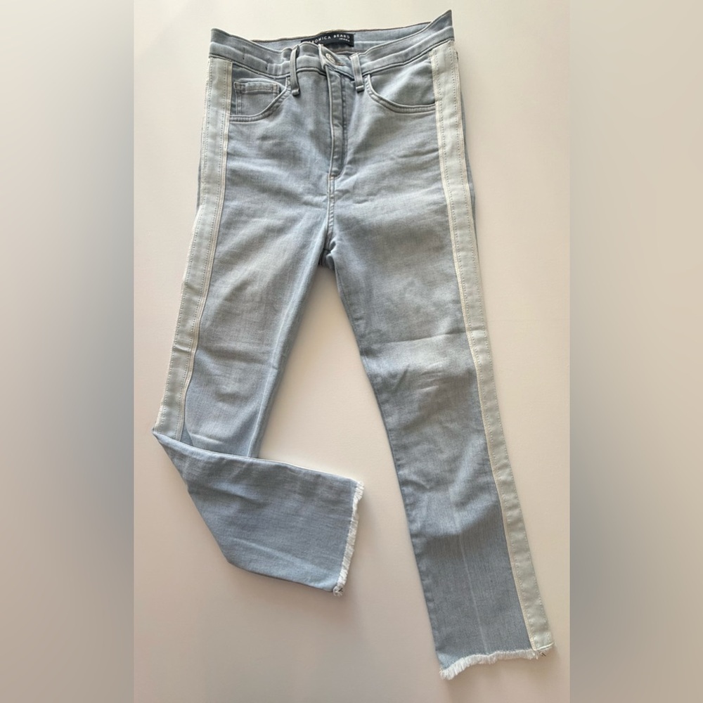 Veronica Beard Straight Leg Jeans Size 27 Gray Denim Contrast Stripe Raw Hem